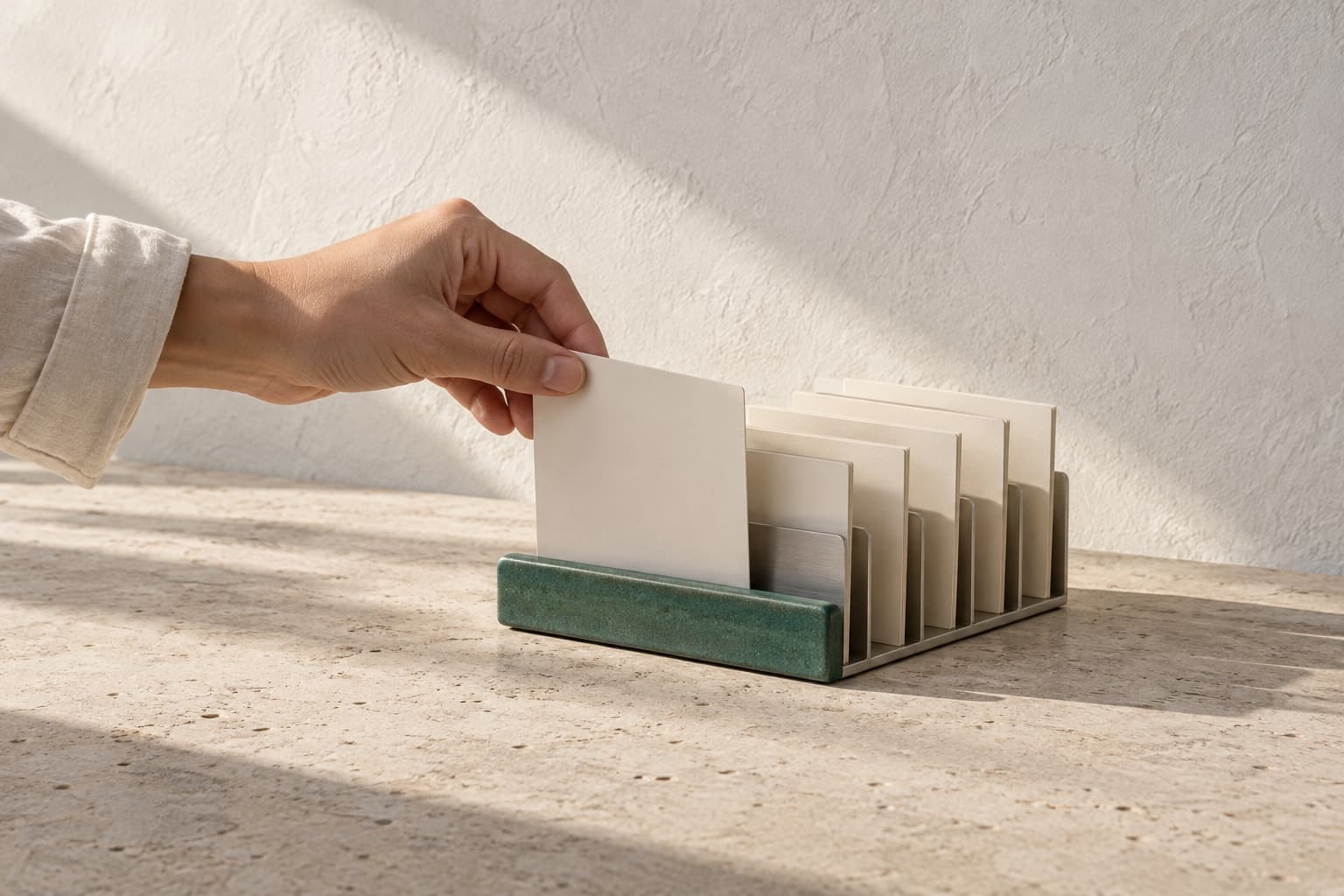 A hand filing a card into a desk sorter where the other cards are already in order.