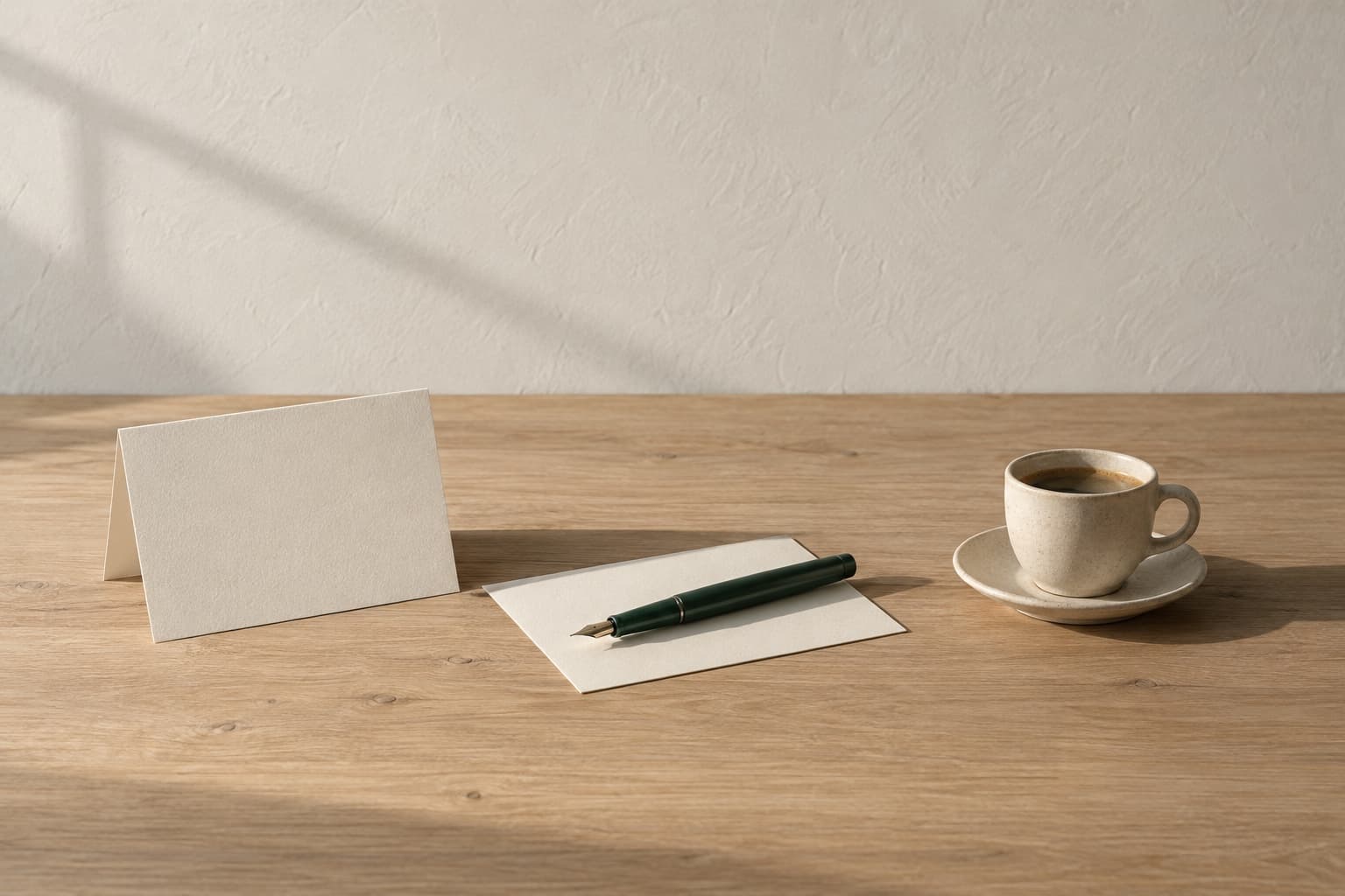 A folded blank card, a green fountain pen on a second card and an espresso on an oak table, ready for a reply.