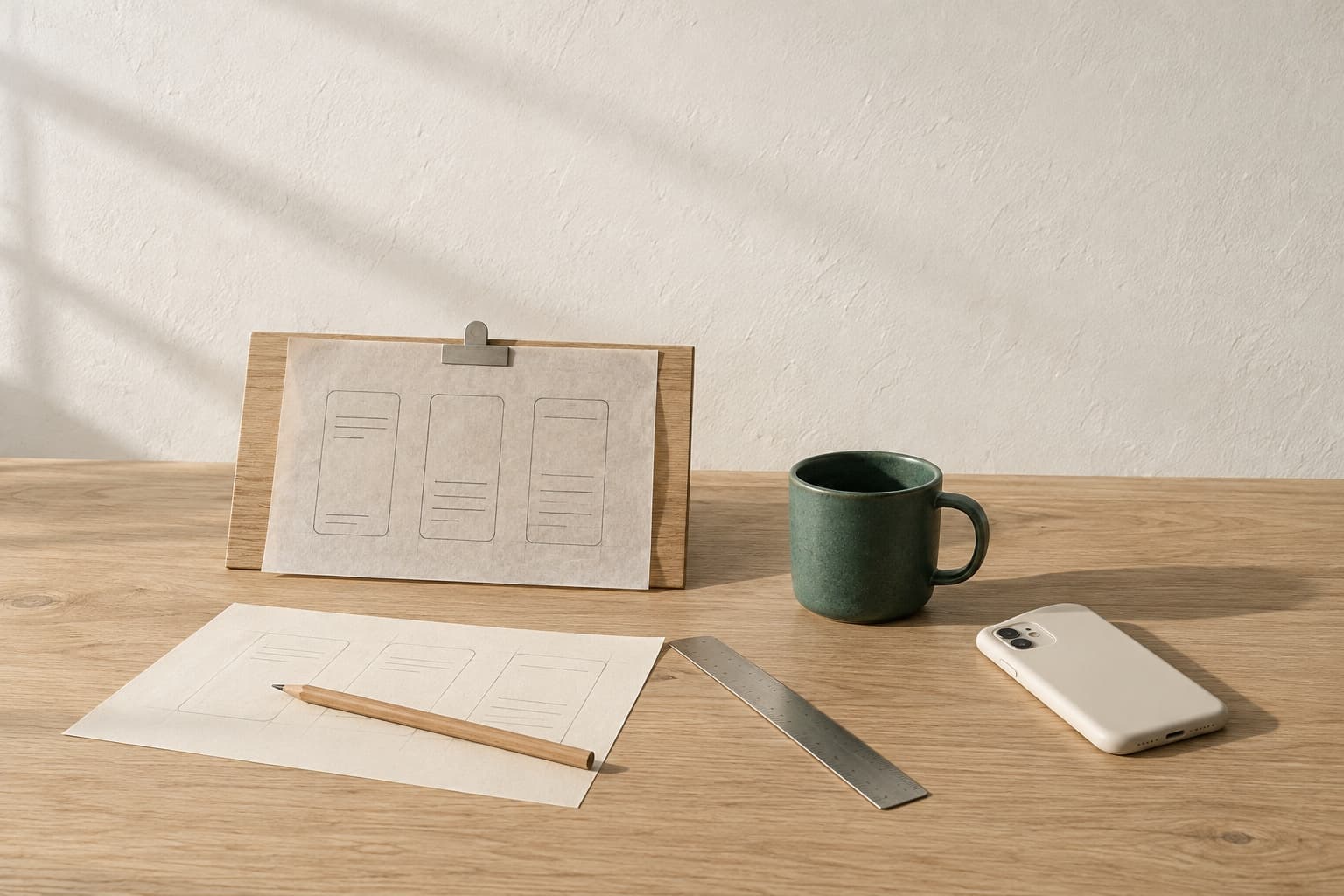Pencil sketches of three phone screens clipped to a board, with a second sketch, a pencil, a ruler, a green mug and a phone on an oak table.
