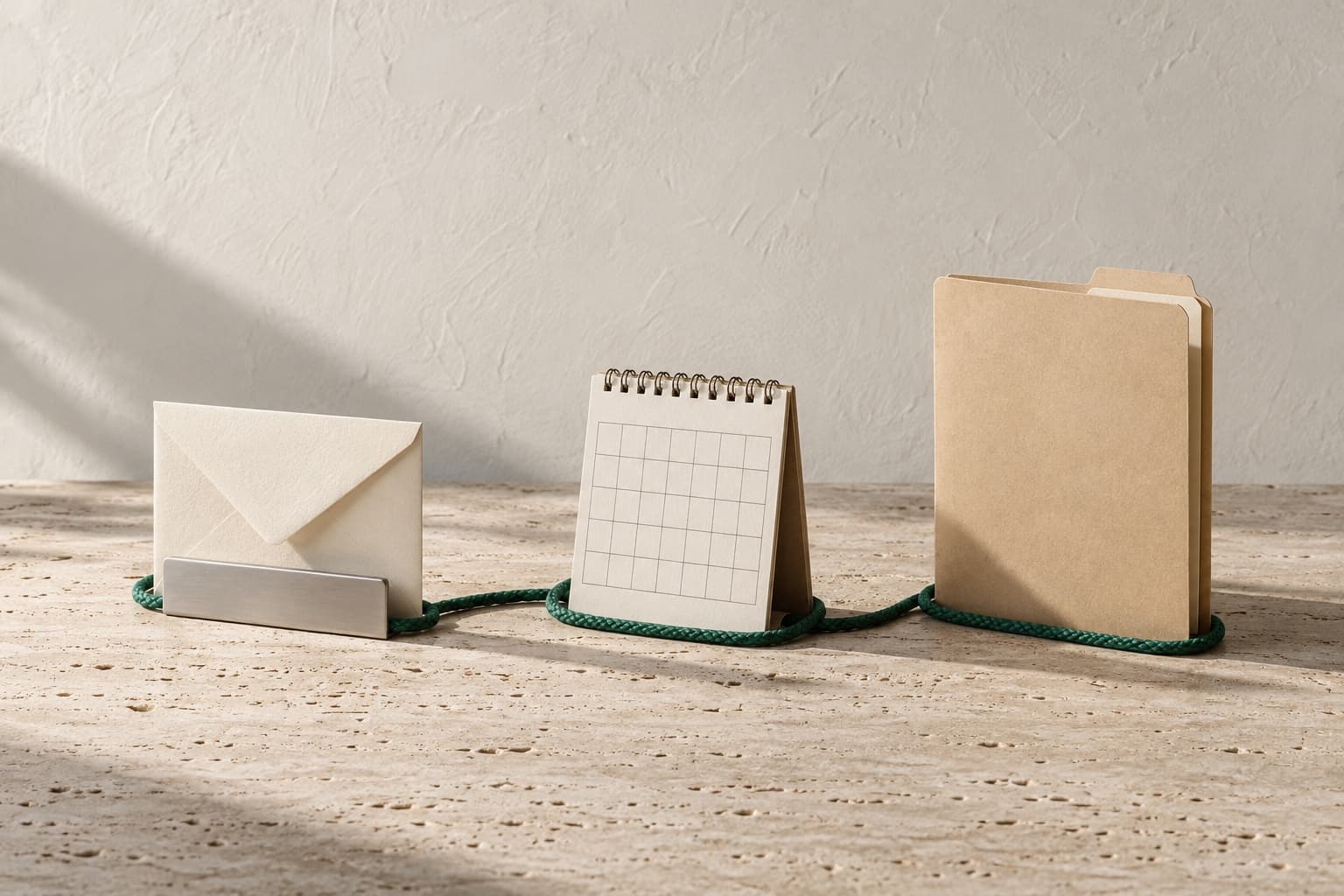 An envelope, a desk calendar and a folder joined by one green cord on a stone table.