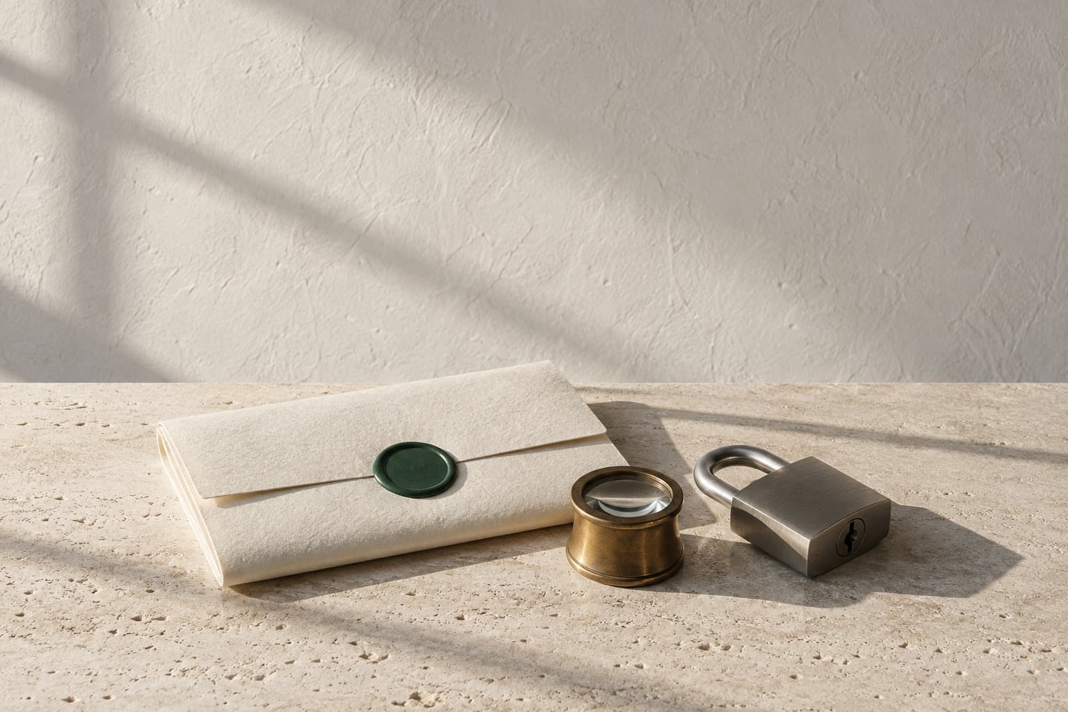 A document closed with a green wax seal, a brass loupe and a padlock on a stone table.
